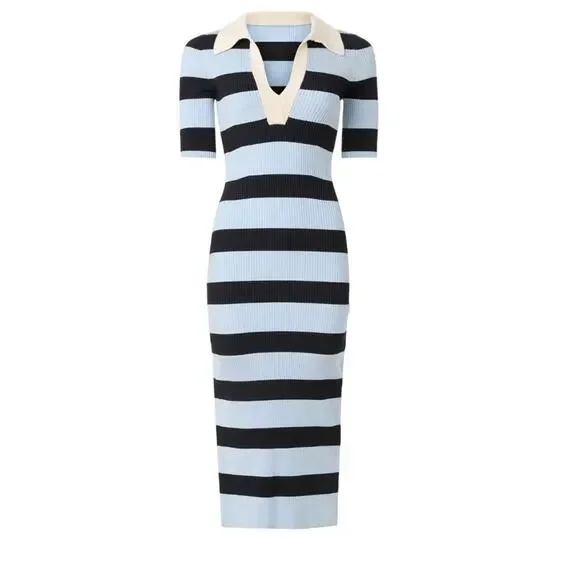 A.L.C. Blue Black Stripe Polo Midi Dress XL Preppy Ribbed Knit Designer $500 - Picture 4 of 12